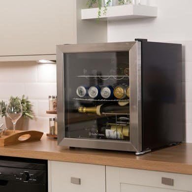 Russell Hobbs Mini Fridge 12 Bottle/46L Freestanding Stainless Steel Table Top Mini Beer & Wine Fridge, LED Light with Glass Door RHGWC3SS