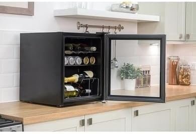 Russell Hobbs Mini Fridge 12 Bottle/46L Freestanding Stainless Steel Table Top Mini Beer & Wine Fridge, LED Light with Glass Door RHGWC3SS