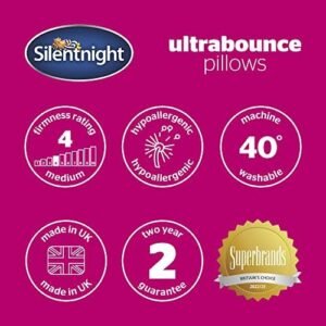 Silentnight Ultrabounce Pillows 2 Pack – Soft Medium Support Comfortable Bouncy Pillows for Stomach, Back and Side Sleepers – Machine Washable and Hypoallergenic Bed Pillows – Pack of 2