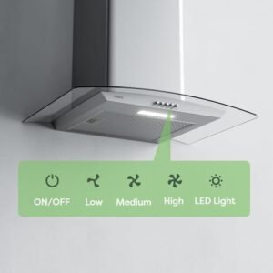 CIARRA CBCS6506B Curved Glass Cooker Hood 60cm 650 m³/h Chimney Hoods with 3 Speed Recirculating Ducting Kitchen Ventilation Extractor Fan with Carbon Filter [Energy Class A+++]