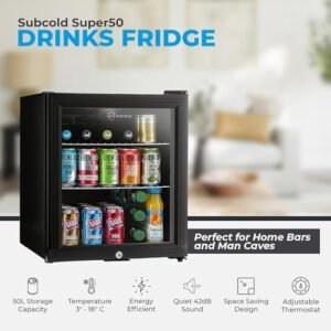 Subcold Super50 LED – Mini Fridge Black | 50L Beer, Wine & Drinks Fridge | LED Light + Lock & Key | Energy Efficient (Black)