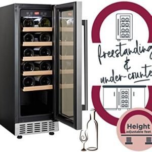 Cookology CWC300SS Freestanding Undercounter Fridge Cabinet 30cm Wine Cooler, 20 Bottle, 60 Litre Capacity, with Digital Temperature Control and Reversible Door - in Stainless Steel