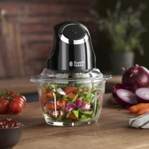 Russell Hobbs Desire Electric Fruit & Vegetable Mini Chopper, 1L glass bowl with 500ml food capacity & storage lid, Dishwasher safe parts, Stainless Steel blades, One touch operation, 200W, 24662