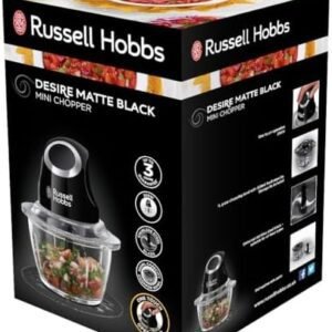 Russell Hobbs Desire Electric Fruit & Vegetable Mini Chopper, 1L glass bowl with 500ml food capacity & storage lid, Dishwasher safe parts, Stainless Steel blades, One touch operation, 200W, 24662