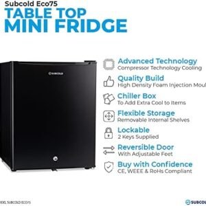 Subcold Eco75 Mini Fridge Black | Table-Top Model | Counter-Top Fridge | Solid Door with Chiller Box | Lock & Key | Energy Efficient (75L)…