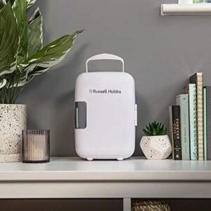 Russell Hobbs Mini Fridge RH4CLR1001 4L/6 Can Portable Mini Cooler & Warmer for Drinks, Cosmetics/Makeup/Skincare, AC/DC Power, Retro Style, White, For Bedroom, Home, Caravan, Car