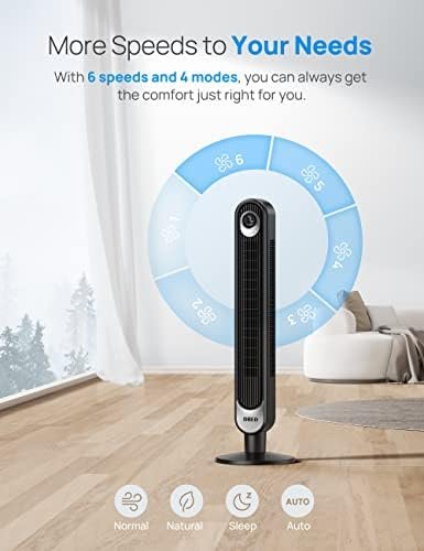 Dreo 42 Inch Tower Fan, 6 Speeds Standing Fan, 7.3m/s Quiet Bladeless Cooling Fan, 90° Oscillating Electric Fan, 4 Modes, 12H Timer, LED Display, Portable Indoor Floor Fan for Bedroom, Home