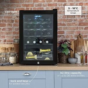 Russell Hobbs Mini Fridge 20 Bottle/62L Lockable Freestanding Black Table Top Mini Beer & Wine Fridge, LED Light & Lock and Key with Glass Door RHGWC4B-LCK