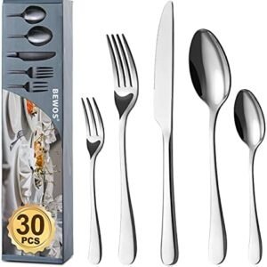 BEWOS Cutlery Set for 6 People, 30-Piece Cutlery Set Including Knife, Fork, Spoon, Cutlery Stainless Steel Mirror Polished, Dishwasher Safe