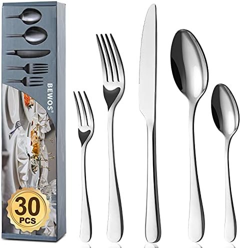 BEWOS Cutlery Set for 6 People, 30-Piece Cutlery Set Including Knife, Fork, Spoon, Cutlery Stainless Steel Mirror Polished, Dishwasher Safe