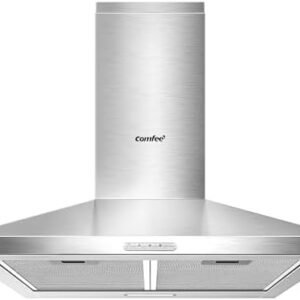 COMFEE' 60 cm Chimney Cooker Hood Stainless Steel Extractor Hood with LED and Recirculating & Ducting System Wall Mounted Range Hood 600 mm Extractor Fan kitchen- Stainless Steel
