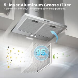 COMFEE' 60 cm Chimney Cooker Hood Stainless Steel Extractor Hood with LED and Recirculating & Ducting System Wall Mounted Range Hood 600 mm Extractor Fan kitchen- Stainless Steel