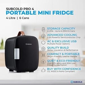 Subcold Pro4 Luxury Mini Fridge Cooler | 4 Litre / 6 Cans | AC and Exclusive USB Power Option | Portable Small Fridge for the Office, Bedroom, Car, Travel, Skincare & Cosmetics (Black) [Energy Class C]