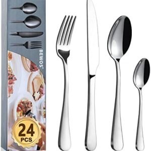 Cutlery Set, BEWOS 24-Piece Stainless Steel Flatware Set, Tableware Silverware Set with Spoon Knife and Fork Set, Service for 6, Dishwasher Safe/Easy Clean, Mirror Polished