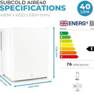 Subcold Aire40 LED Mini Fridge | 40L Table Top Fridge | Quiet & Frost Free for Bedrooms & Hotels | Lockable with Solid door & interior LED light (White)