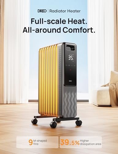 Dreo Oil Filled Radiator 2000W,Electric Portable Space Oil Heater 9 Fins with Remote Control,24h Timer,3 Heat Settings,4 Modes,Digital Thermostat,Overheat & Tip-Over Protection,Quiet,Home,Grey