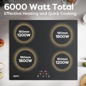 CIARRA CABBIH4-A Built-in Induction Hob 4 Zones Touch Control Ceramic Glass Plate 9 Power Levels Fast Heating Child Safety Lock Black
