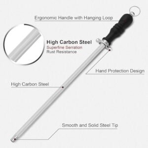 BEWOS Honing Steel, 26CM Honing Rod/Knife Steel,Professional Carbon Steel Sharpening Rod, Kitchen Knives Honing Rod, Kitchen Knife Sharpener Repair Knife Edge, Knife Steel with Non-Slip Handle