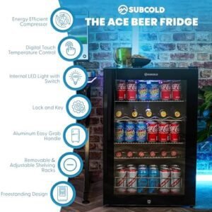 Subcold Ace130 LED Touch Control Beer Fridge With Glass Door | Premium Drinks & Wine Fridge | Black Alu Handle, Auto Defrost with Fan | 140 Cans | Ideal for Home Bar Undercounter