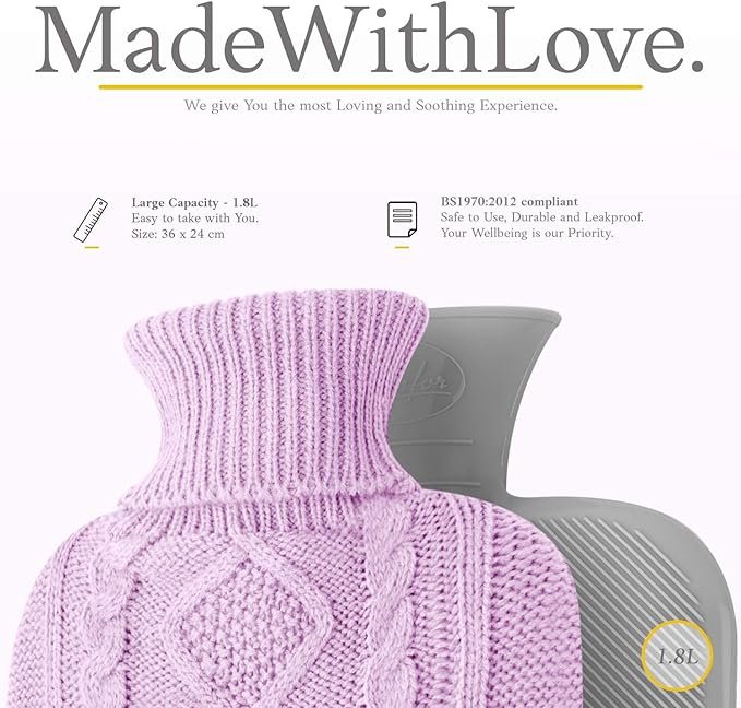 Hot Water Bottle with Cover - Premium Soft Knitted Cover - 1.8l Large Capacity - Hot Water Bag for Pain Relief, Neck and Shoulders, Back & Cosy Nights - Great Gift for Women (Purple)