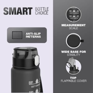 HOMEEX 1L (32oz) Motivational Water Bottle, BPA-free Sports Water Bottle with Time Marker - Quotes - One-Click Technology Ideal for Jogging, Hiking, Office, School, Adults, Children (Black)